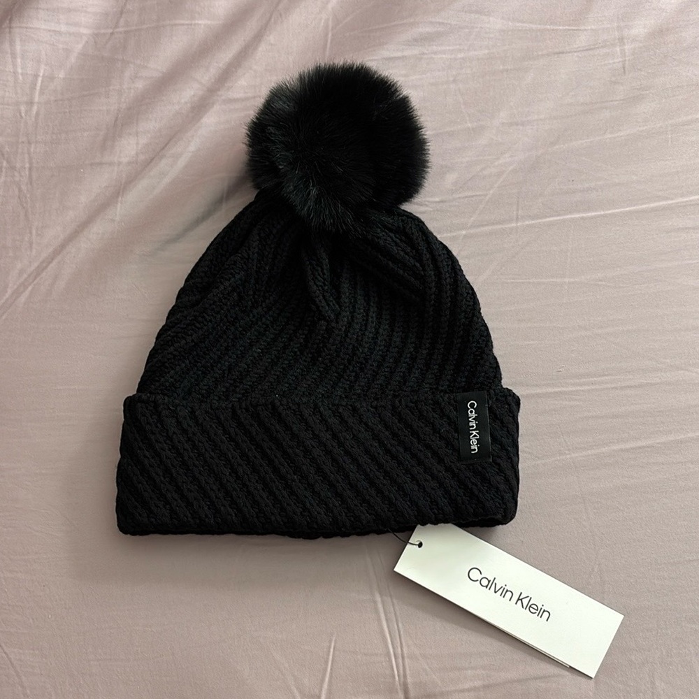 Calvin Klein Black Ribbed Beanie with Pom